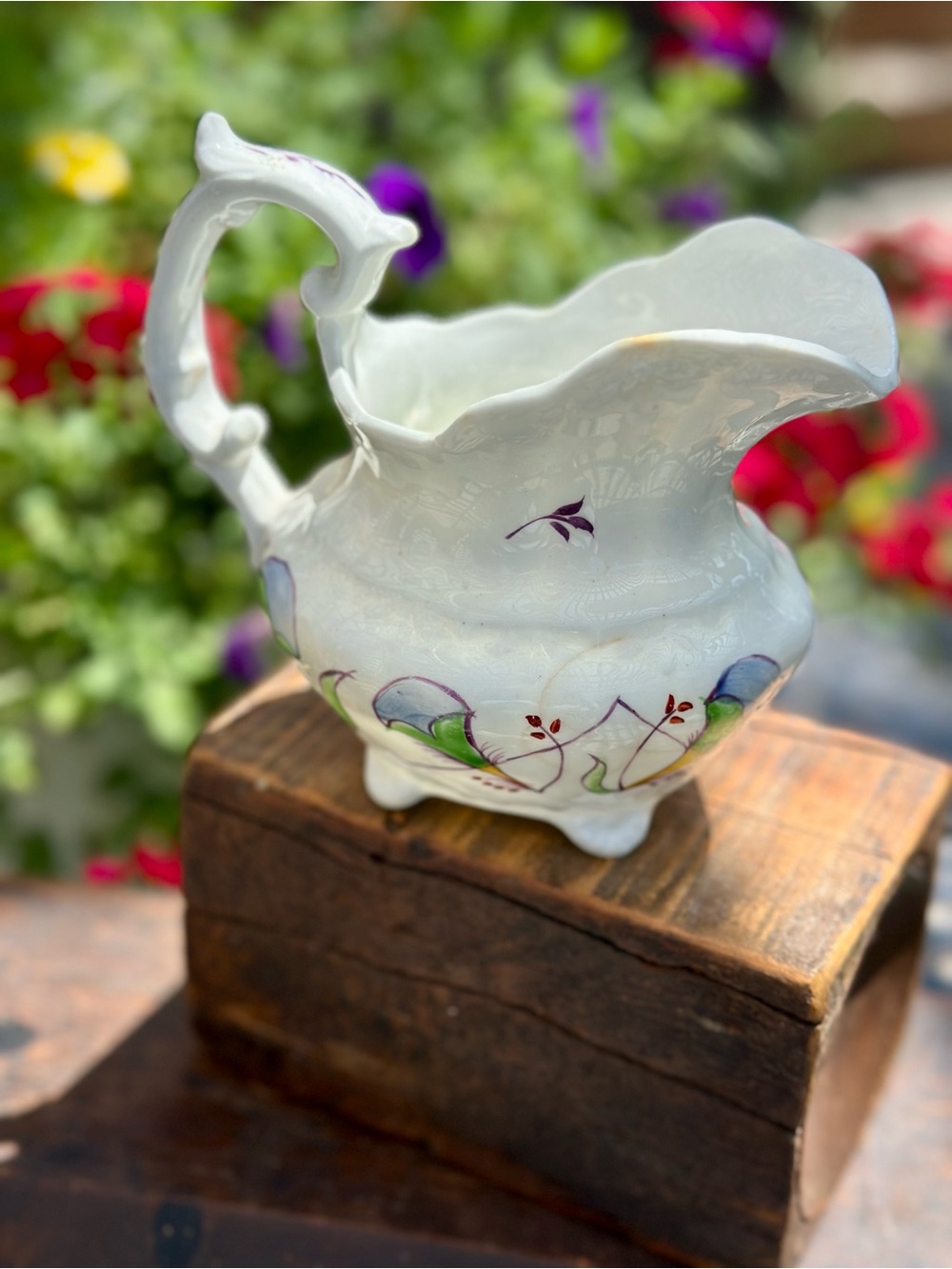 Vintage Unmarked Floral Porcelain Creamer Footed Purple Flowers Cottage